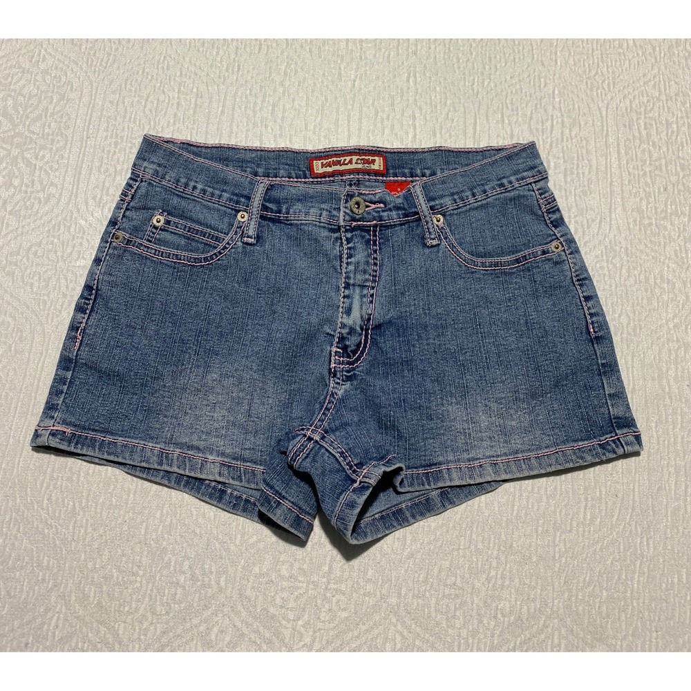 Vanilla Star Jean Shorts Juniors 9 Blue Denim Embroidered Pink Stitching Pockets - Picture 2 of 8